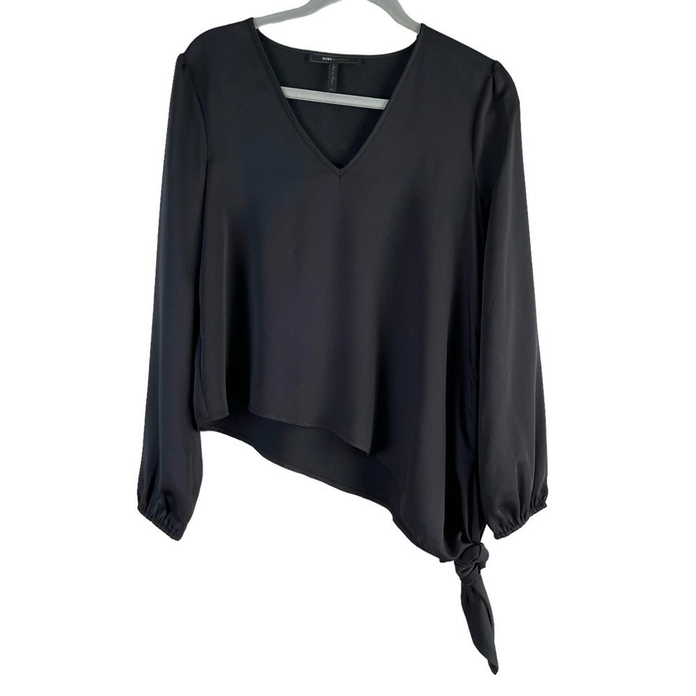 Bcbgmaxazria V-Neck Asymmetric Hem Side-Tie Long Sleeve Blouse In Black, Xs